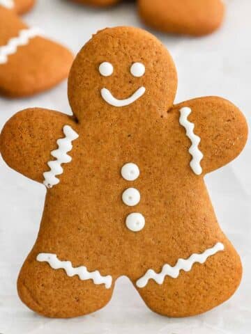 classic gingerbread man cookie with white frosting.