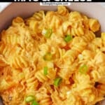 bowl full of buffalo chicken mac and cheese with text overlay that reads slow cooker buffalo chicken mac and cheese.