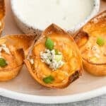 closeup of a buffalo chicken wonton cup with blue cheese and green onions