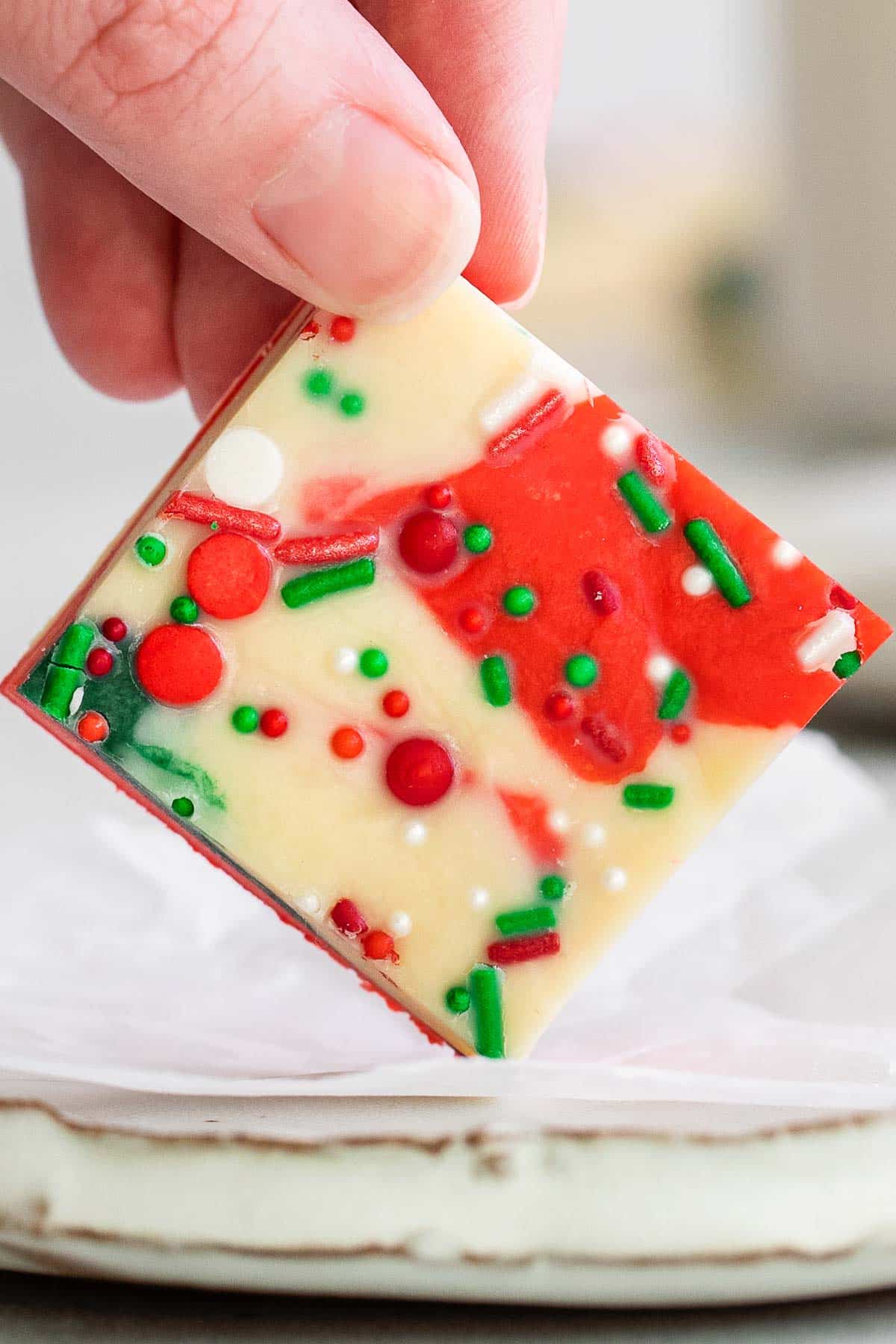 closeup of a square piece of red green and white swirled christmas fudge held by a woman's fingers.