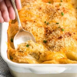 closeup of a spoonful of scalloped potatoes in a white casserole dish.