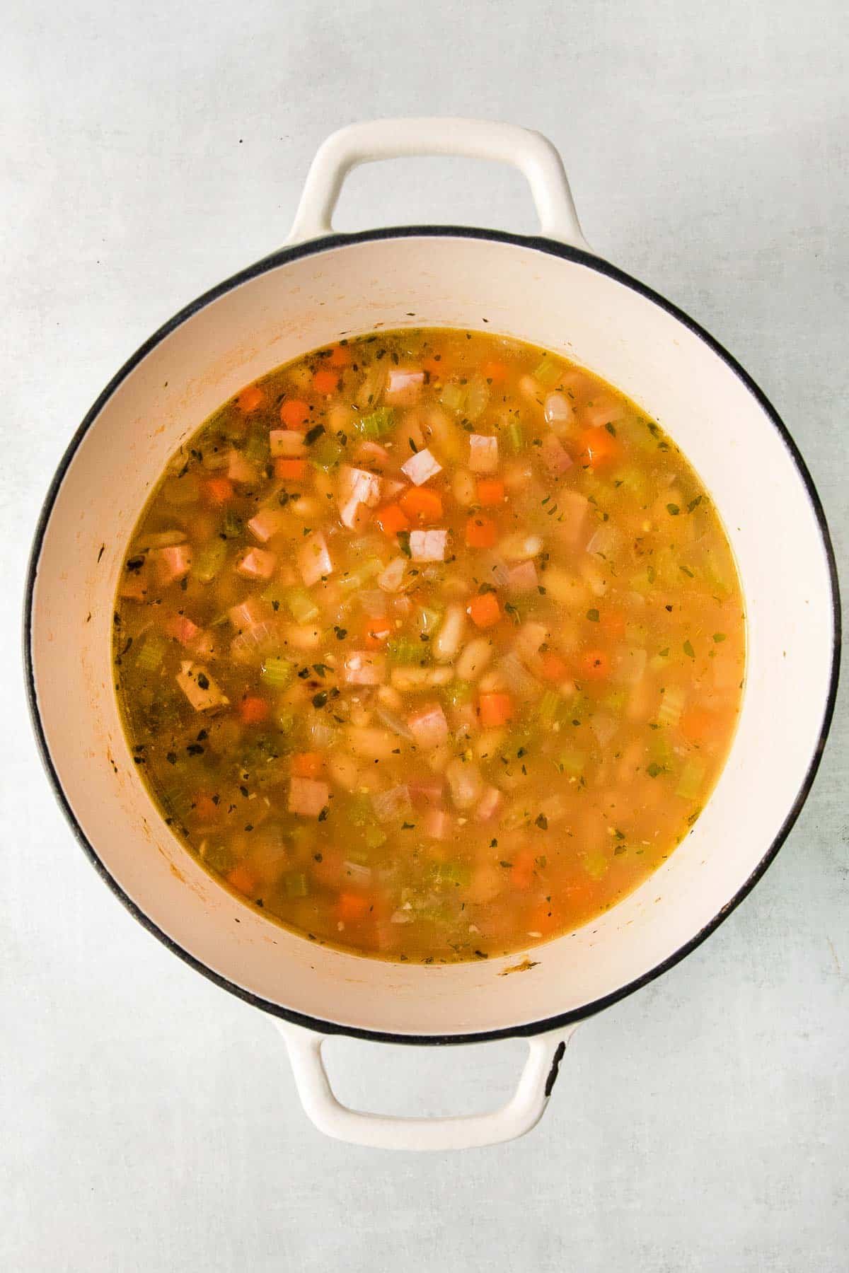 white stock pot with chicken broth with diced carrots, celery and onions.