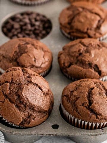 closeup of eight chocolate muffins in a muffin tin.