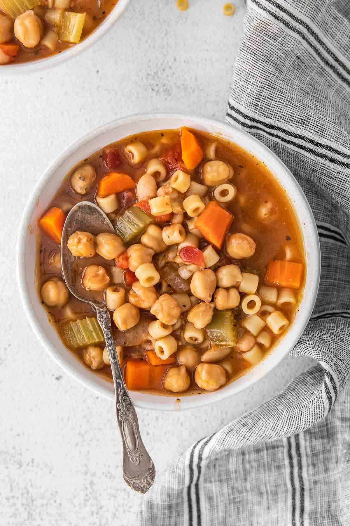 vegetarian minestrone soup in a tomato broth with chickpeas and ditalini pasta.