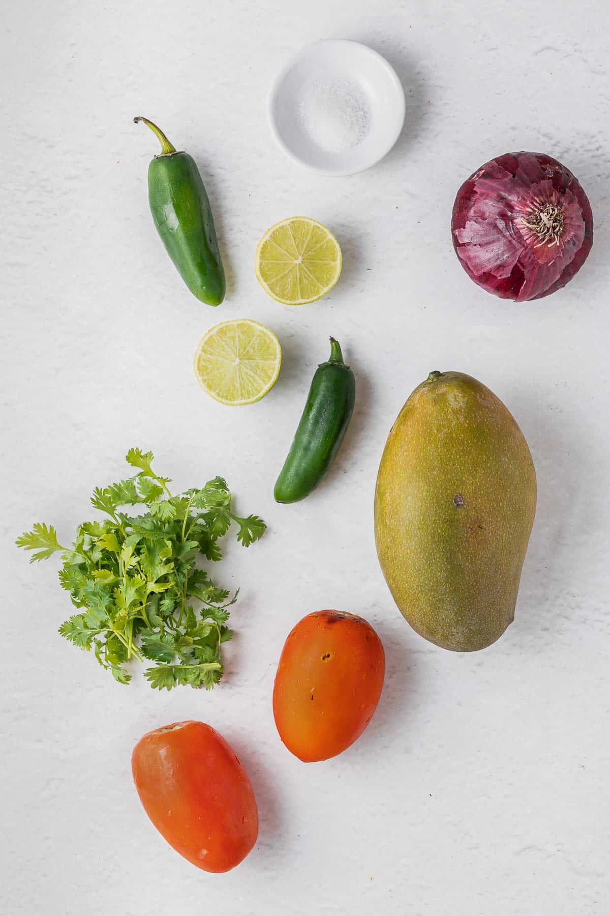Ingredients for Mango Salsa - Mangos, tomatoes, red onion, jalapeño, cilantro, limes and salt.