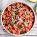 White bowl of watermelon salsa.