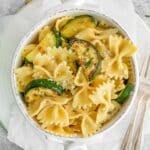 Lemon Zucchini pasta in small white bowl.