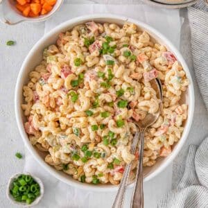 Macaroni Salad in white bowl.