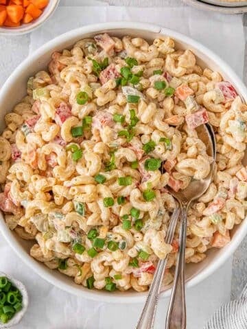 Macaroni Salad in white bowl.