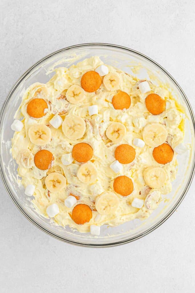 Banana pudding fluff topped with vanilla wafers, banana and marshmallows.