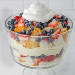 strawberry and blueberry trifle dessert topped with