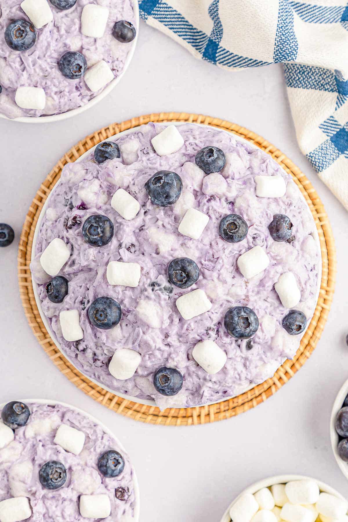 Blueberry fluff in white bowl.