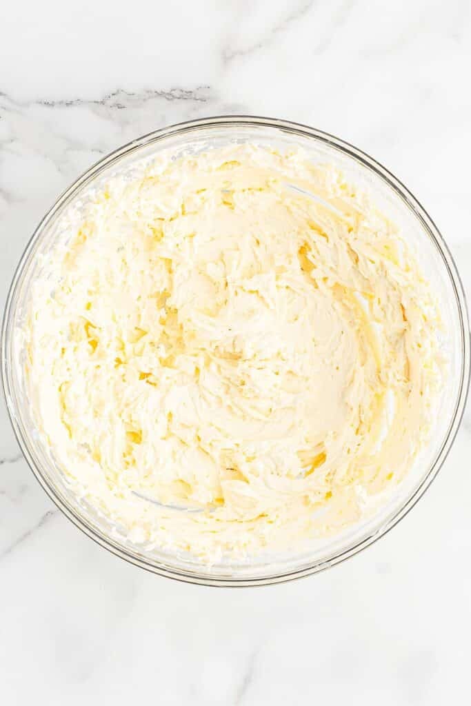 Cream cheese mixture in mixing bowl.