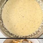 homemade alfredo sauce in a skillet and over fettuccine noodles in a white bowl with a fork twirling the noodles.