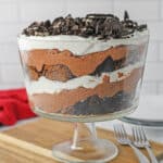 Brownie trifle in a large glass trifle dish.
