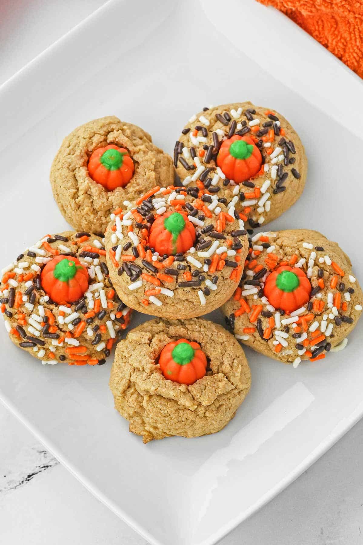 Multiple Pumpkin Spice Cookies on a white plate.