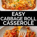 cabbage roll casserole in a white casserole dish and on a white plate with a fork.