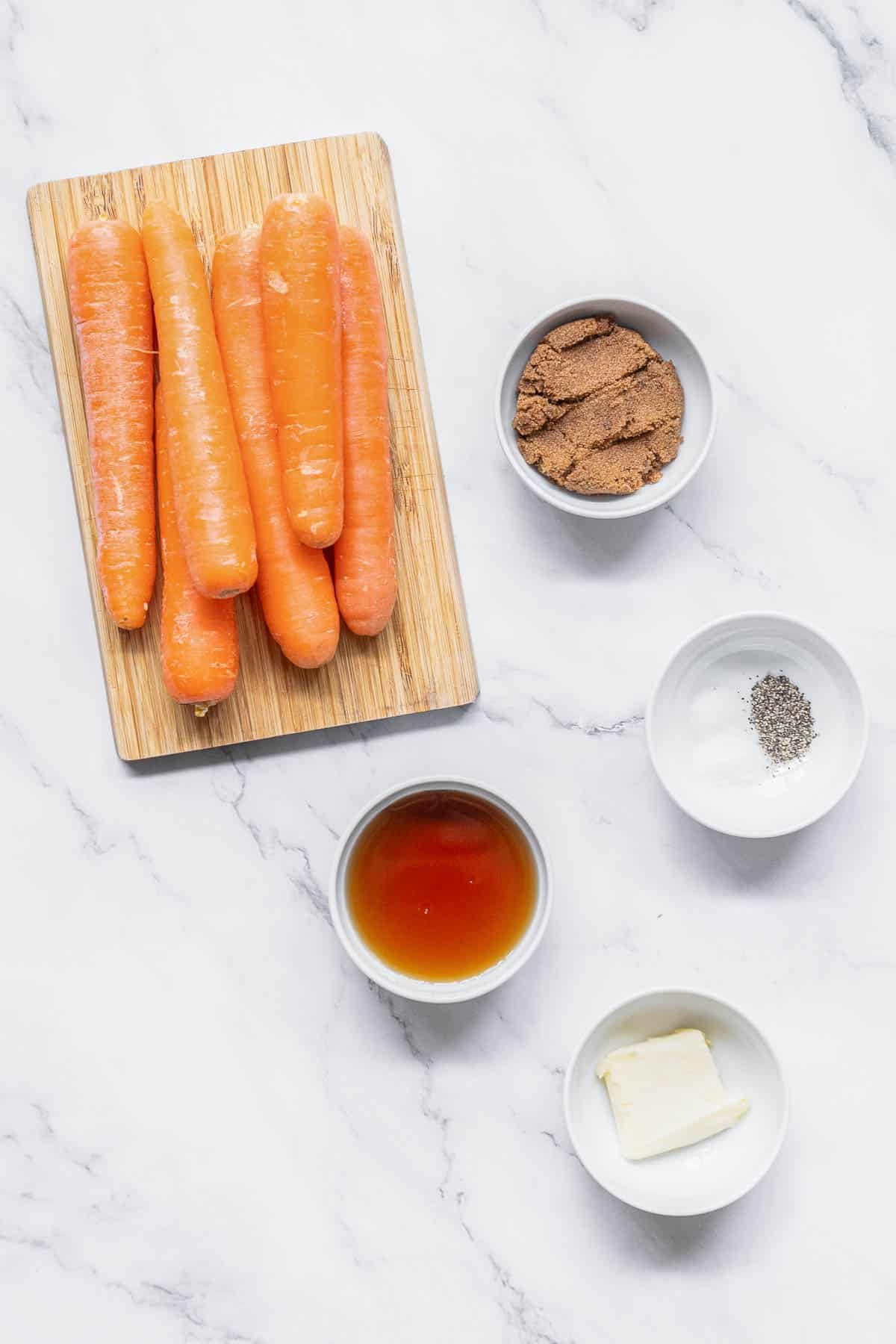 Ingredients for Maple glazed carrots - Carrots, butter, maple syrup, brown sugar, salt and black pepper.