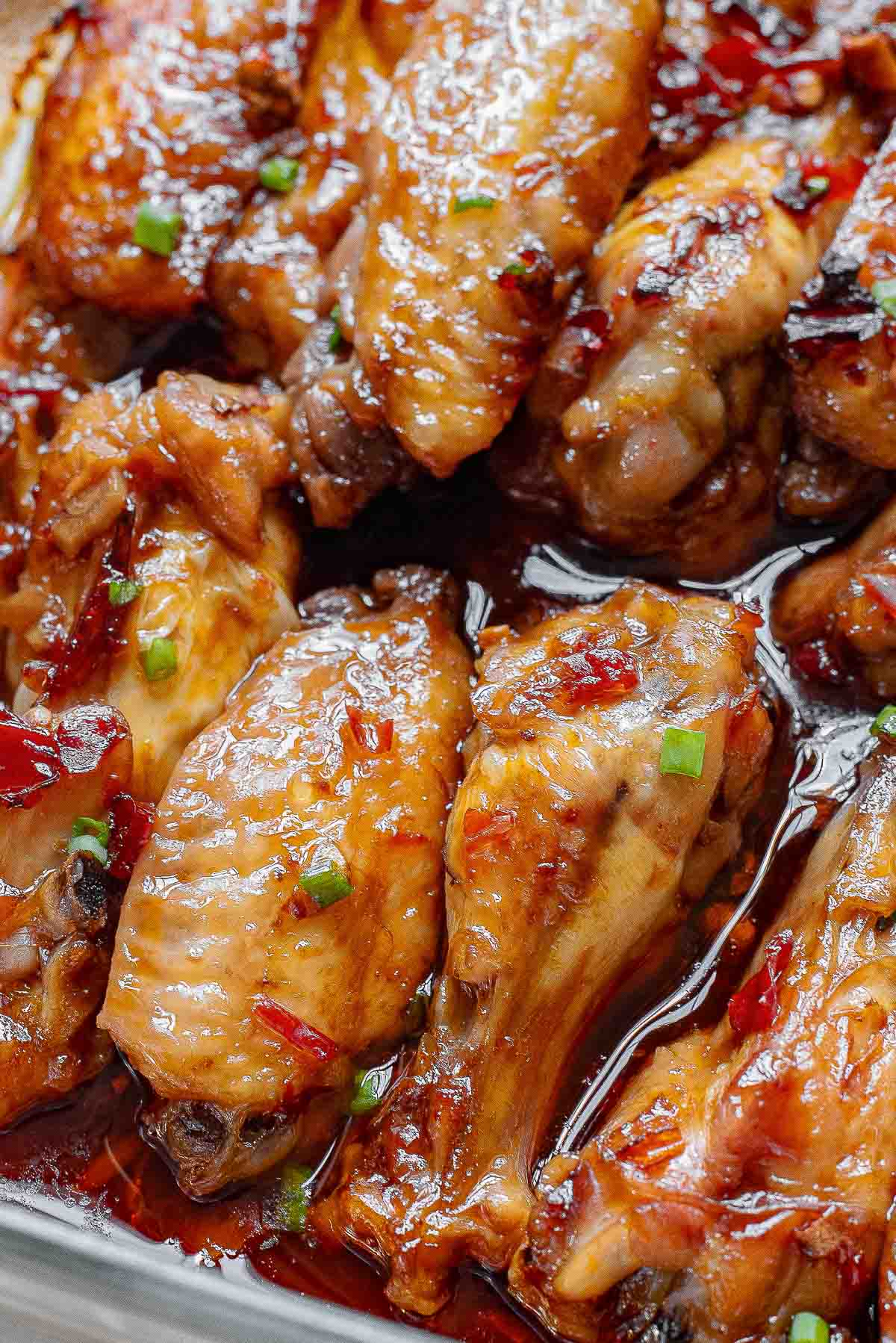 Thai chicken wings in a baking dish.