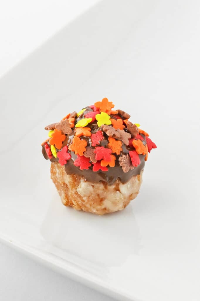 A donut hole dipped in chocolate with fall leaf sprinkles on a plate.
