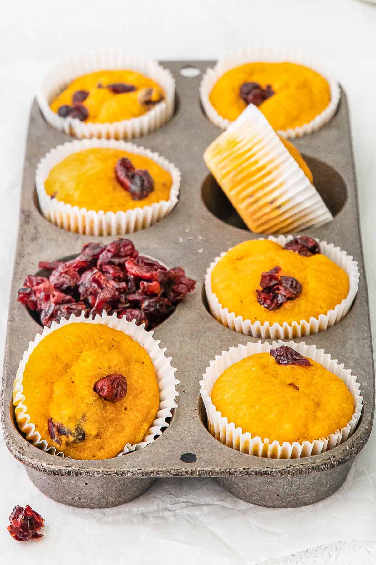 Delicious cranberry pumpkin muffins in a muffin tin.