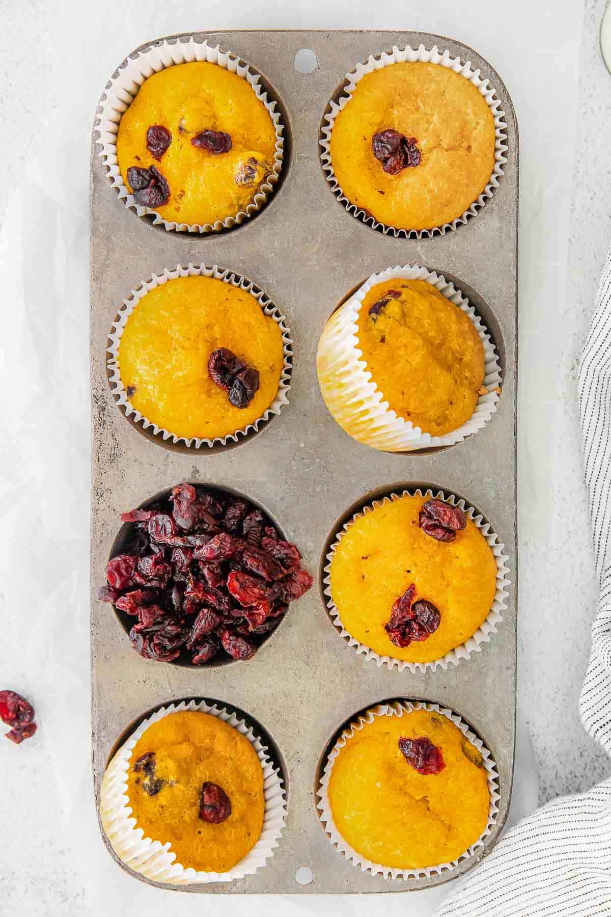Delicious cranberry pumpkin muffins in a muffin tin.