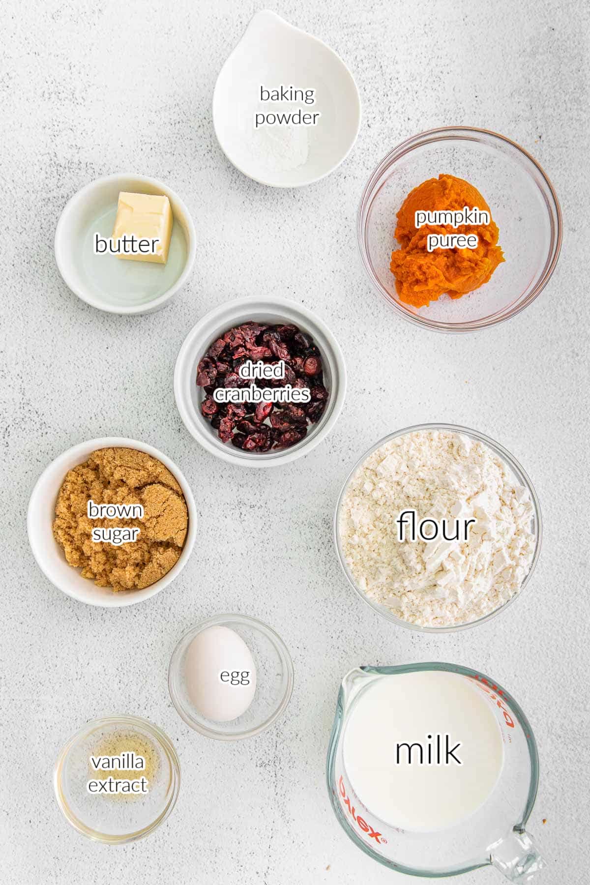 The ingredients for cranberry pumpkin muffins - baking powder, pumpkin puree, butter, dried cranberries, flour, brown sugar, egg, milk and vanilla extract.