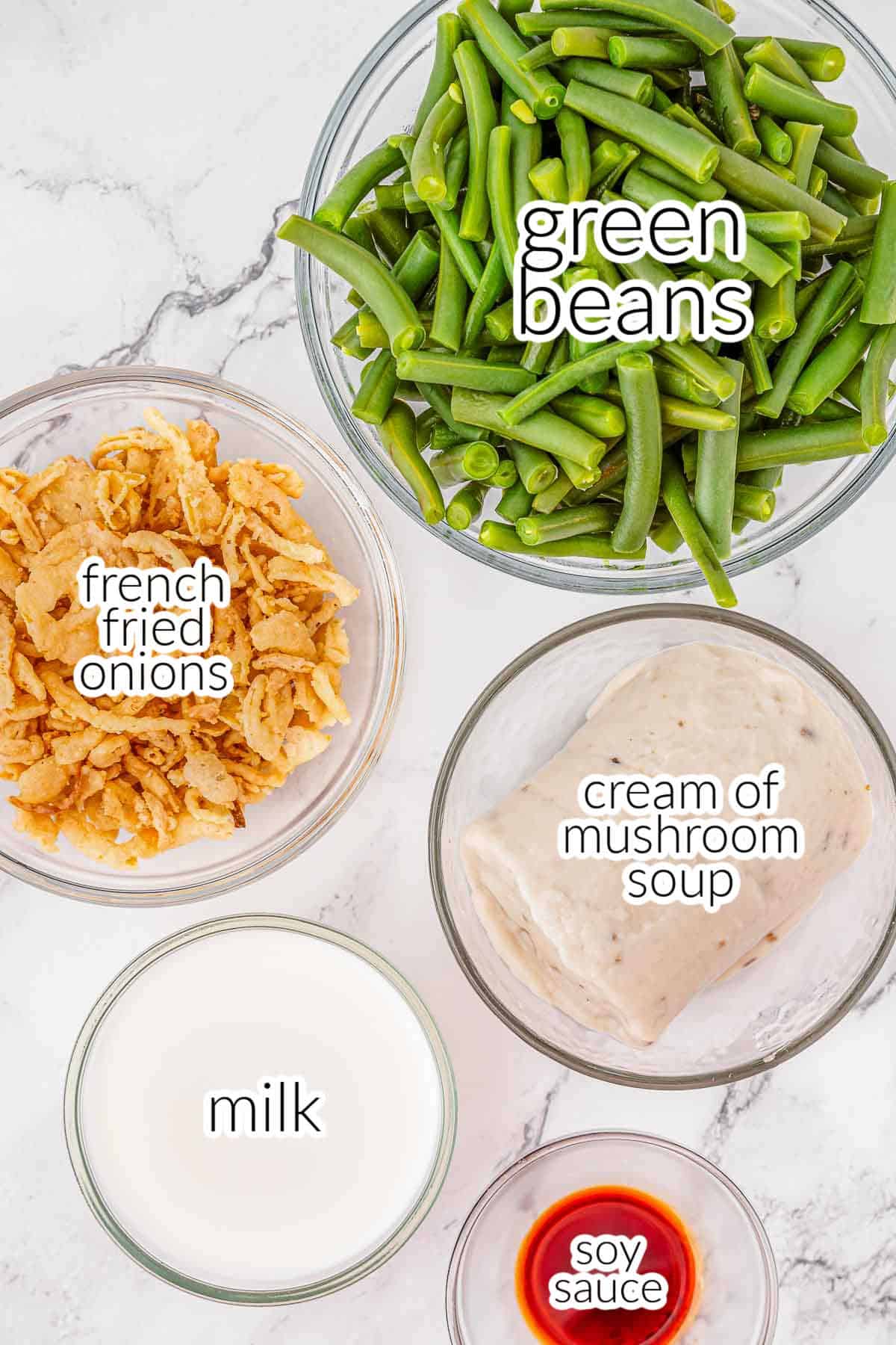 The ingredients for a green bean casserole - green beans, fried onions, cream of mushroom soup, milk and soy sauce.