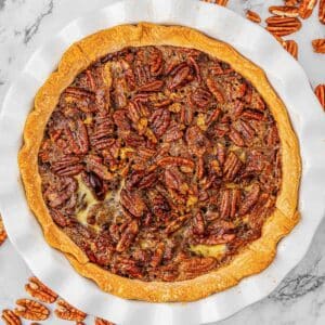 Baked pecan pie on a white plate with pecans around it.