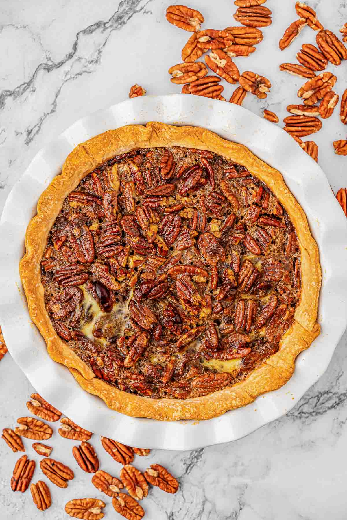 Baked pecan pie on a white plate with pecans around it.