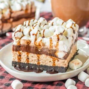 A slice of layered chocolate oreo delight recipe topped with mini marshmallows on a white plate.