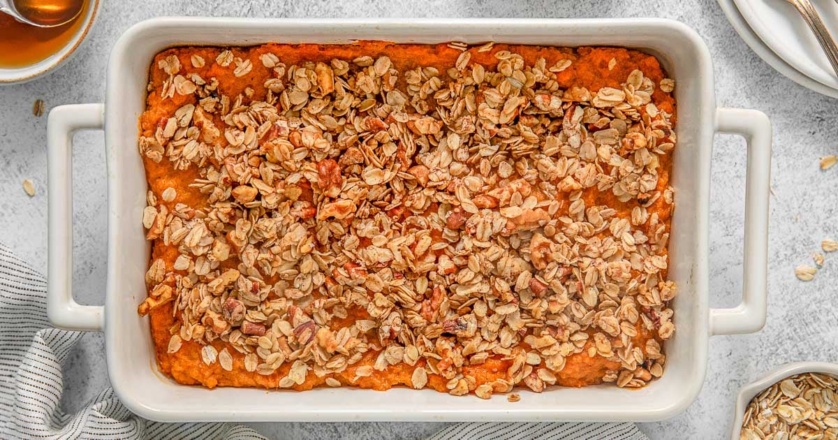 Healthy Sweet Potato Casserole with Pecan Topping