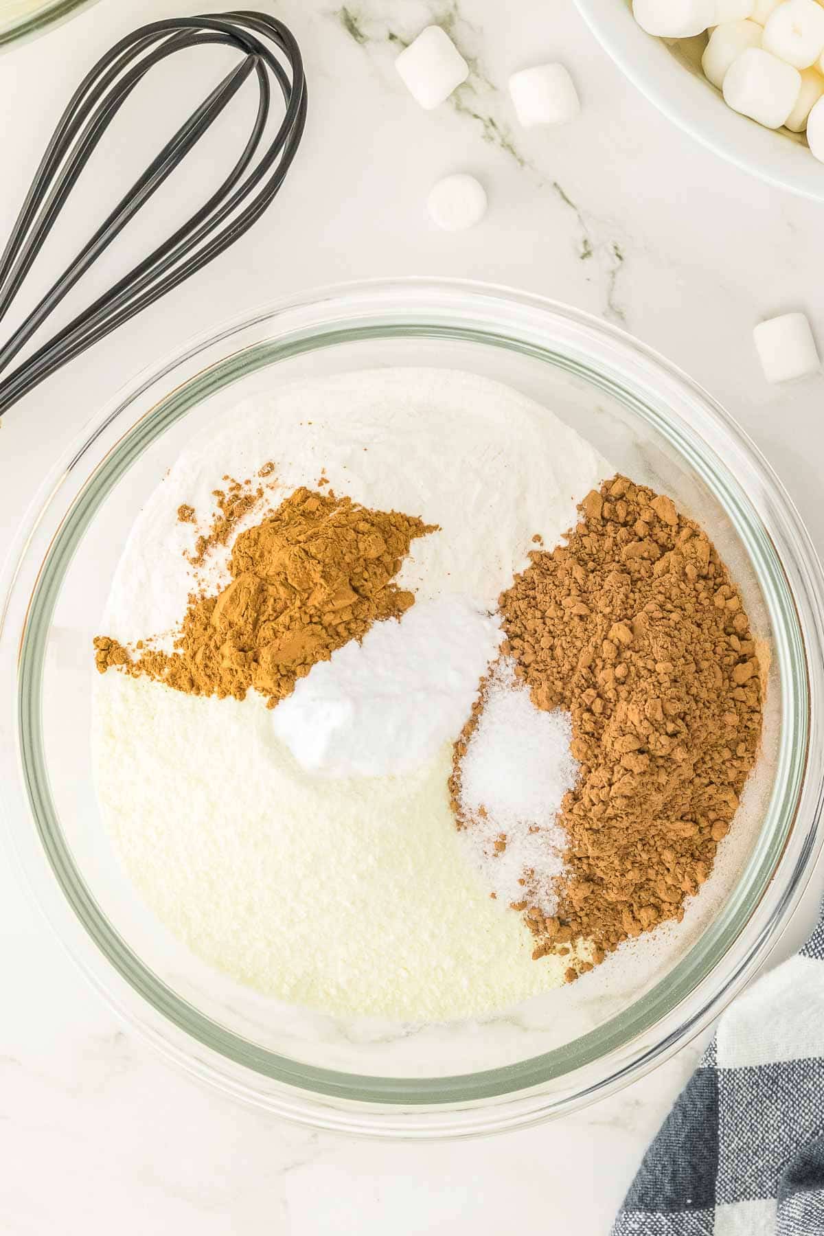 whisk together flour, dry milk, cocoa powder, baking soda, salt and cinnamon being mixed together in a large glass bowl.
