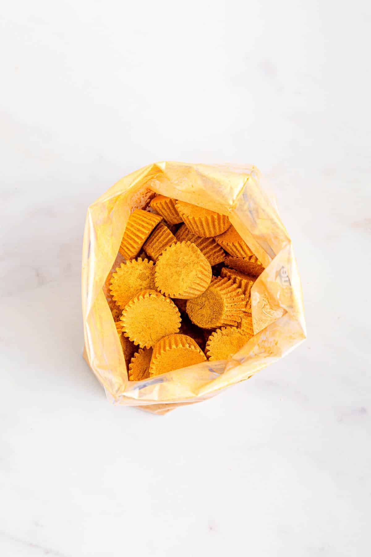A bag filled with mini peanut butter cups.