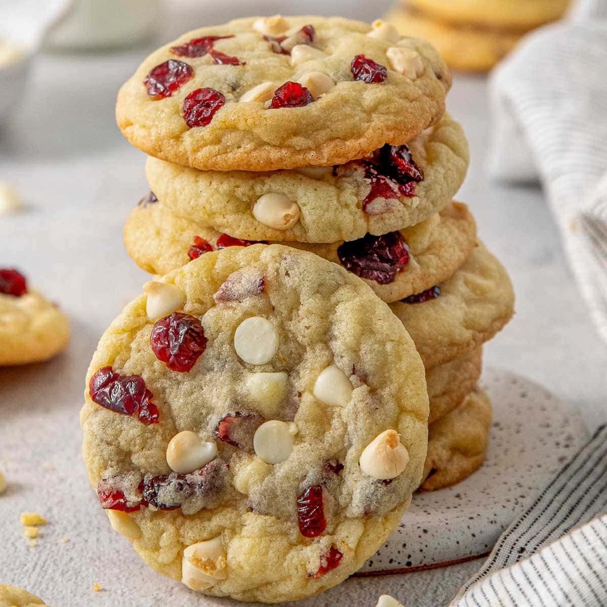 A stack of white chocolate cranberry cookies.