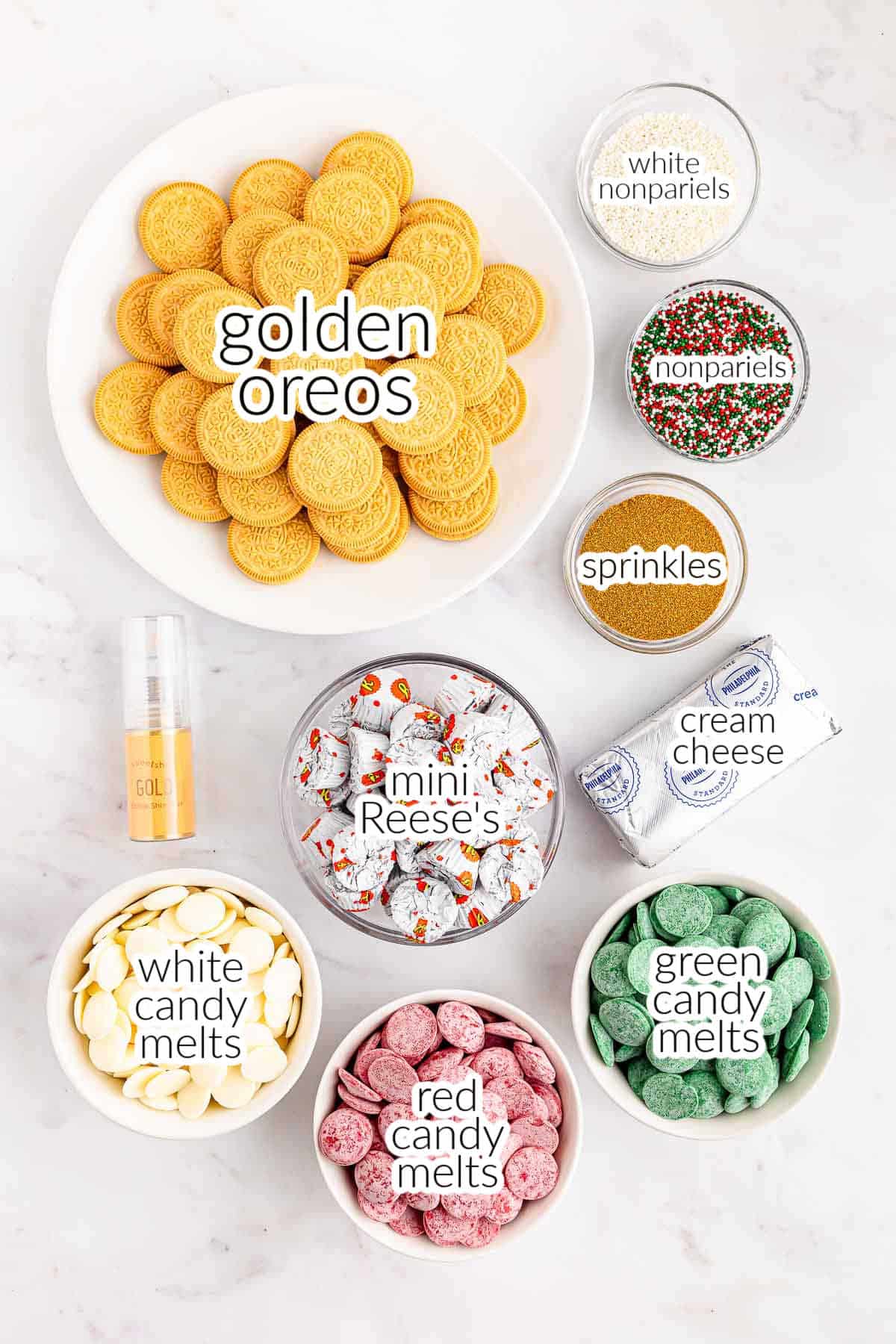 Golden oreos and ingredients for christmas oreo balls recipe in glass bowls.