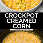 Crockpot creamed corn served in a bowl with a spoon and being cooked in a crockpot.