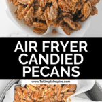 candied pecans in a white bowl on a white table.