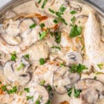 Chicken with mushroom sauce in a skillet.