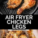 Crispy Air fryer chicken legs cooking in the air fryer and served on a plate.