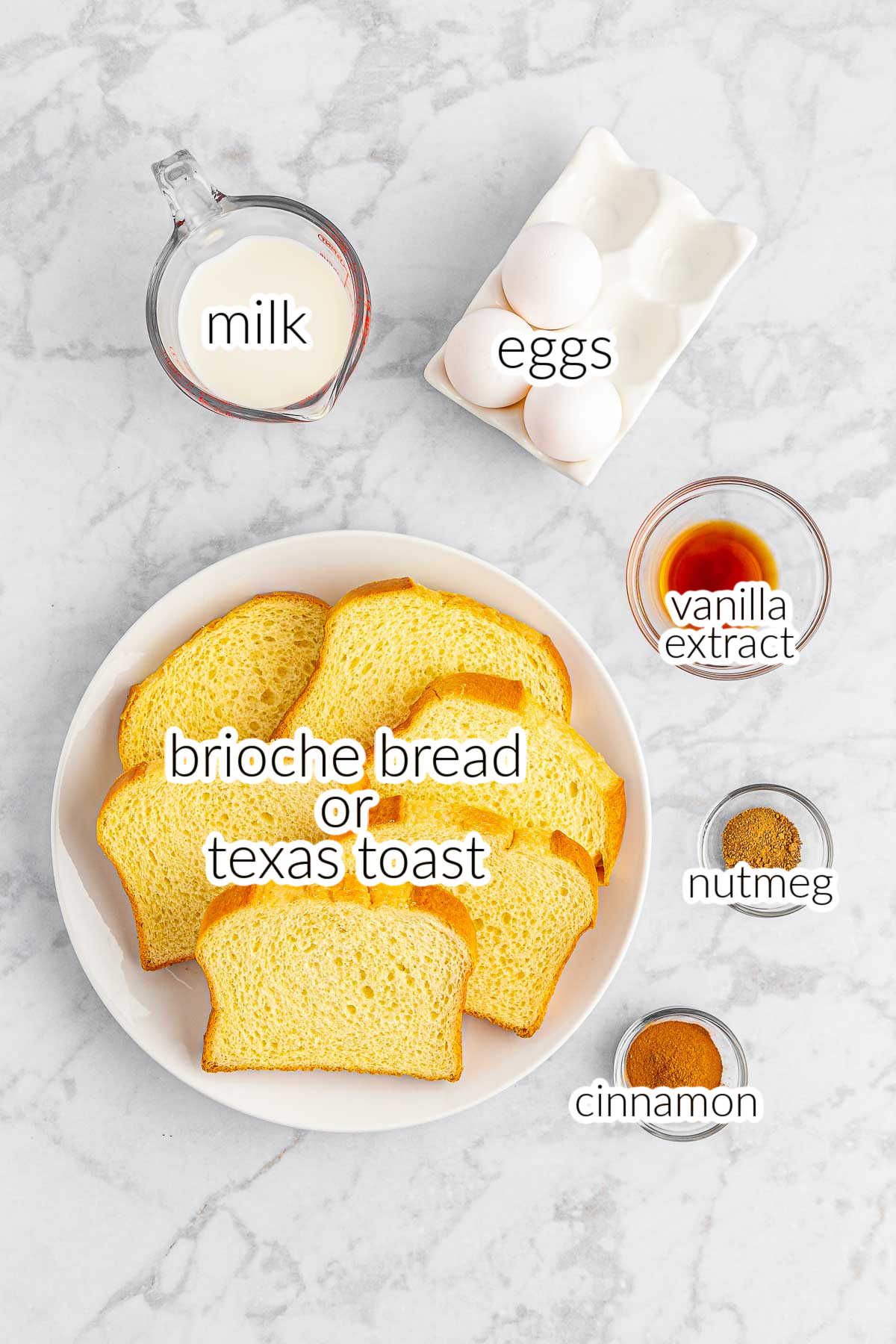 Ingredients for air fryer french toast - milk, eggs, thick bread, vanilla extract, nutmeg and cinnamon.