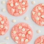 Strawberry cookies with white chocolate chips spread throughout.