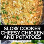 A black slow cooker filled with cheesy chicken and potatoes topped with crushed Ritz crackers being scooped with a big silver spoon.