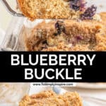 A slice of blueberry buckle on a white plate with a fork on the side.