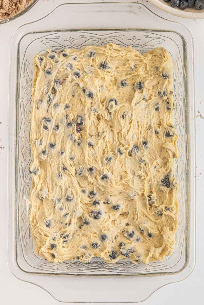 Blueberry buckle batter spread evenly in a rectangular baking dish.