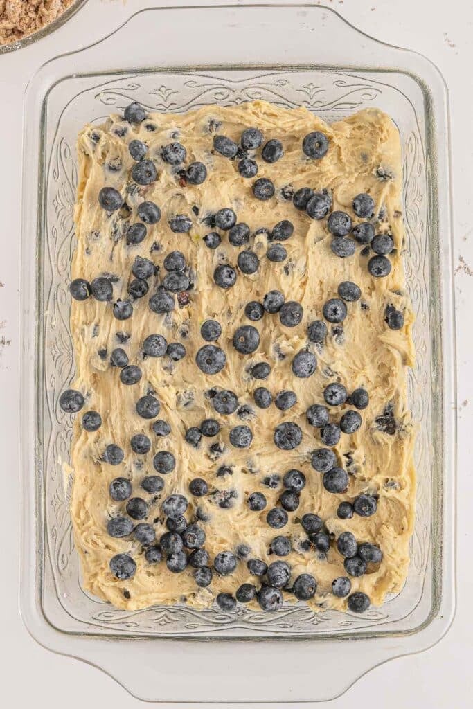 A baking dish of unbaked blueberry buckle batter sprinkled with fresh blueberries, ready for the oven.