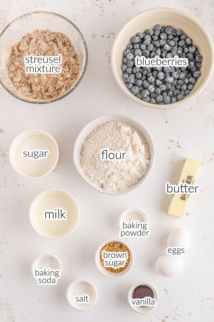 Ingredients for blueberry buckle - blueberries, flour, sugar, milk, butter, baking powder, baking soda, eggs, brown sugar salt and vanilla.