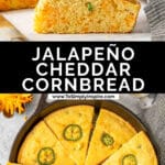 Stack of jalapeño cheddar cornbread slices on a white counter top.