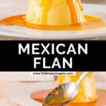 Caramel sauce being poured over top of Mexican flan on a white plate.