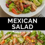 Mexican salad served in a white bowl topped with a cilantro dressing.